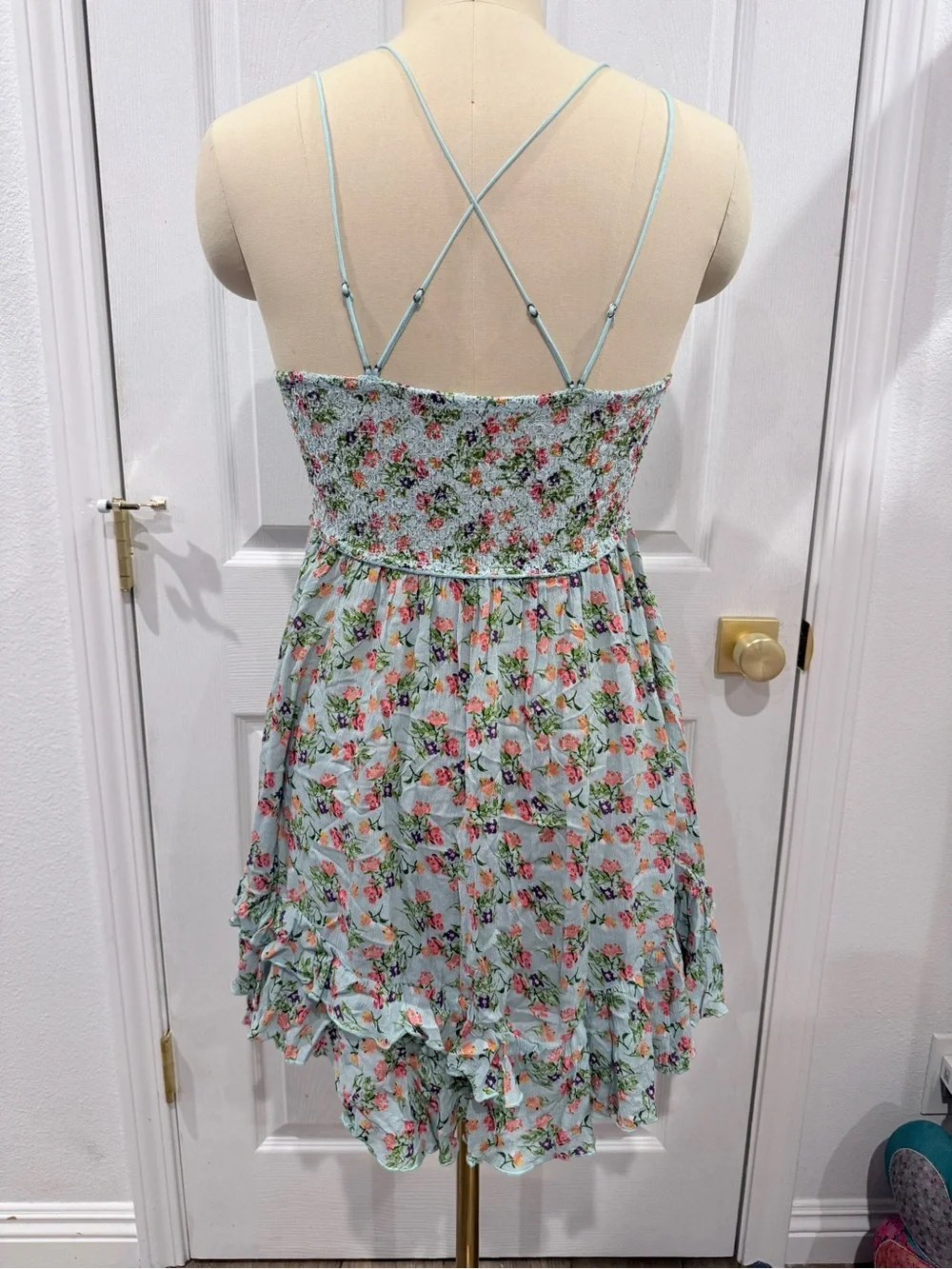 BNWOT Free People Pale Blue Floral Lace-Trim Asymmetrical Cross Back Dress - XL - Picture 7 of 15